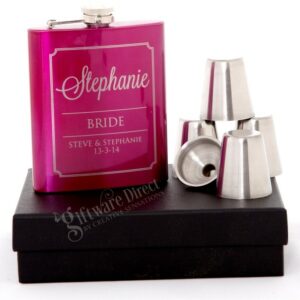 Bride & Groom 7oz Pink Hip Flask Gift Set Engraved Stainless gift set