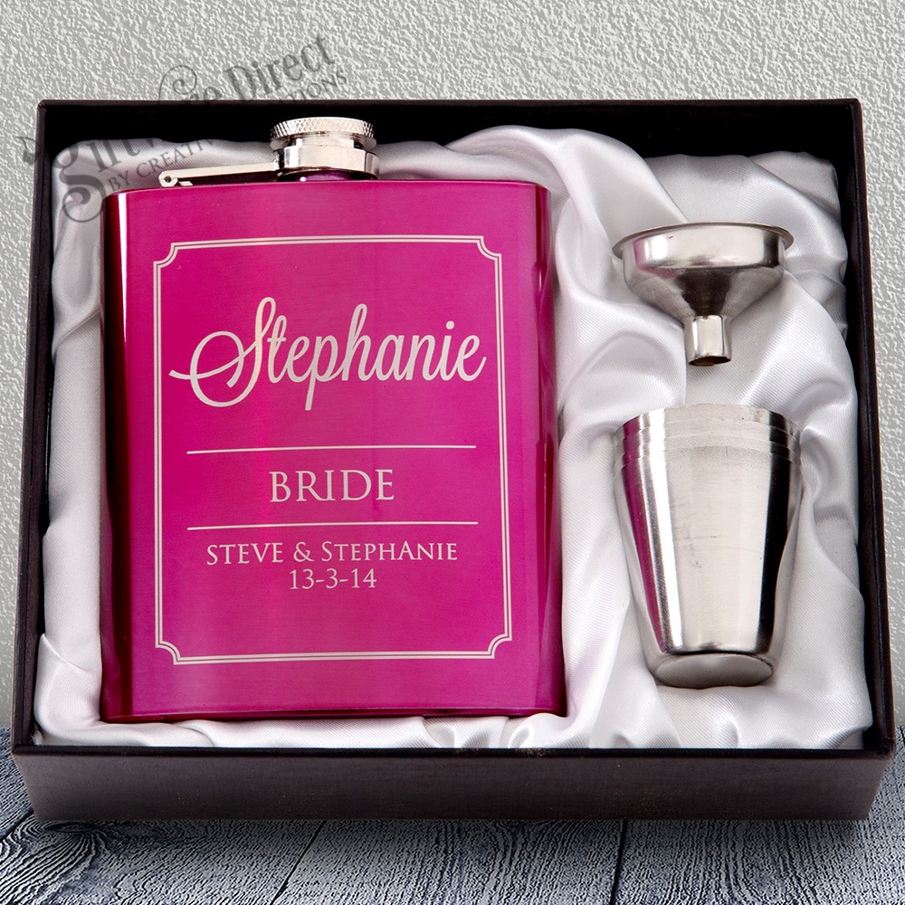 Bride & Groom 7oz Pink Hip Flask Gift Set Engraved Stainless gift set