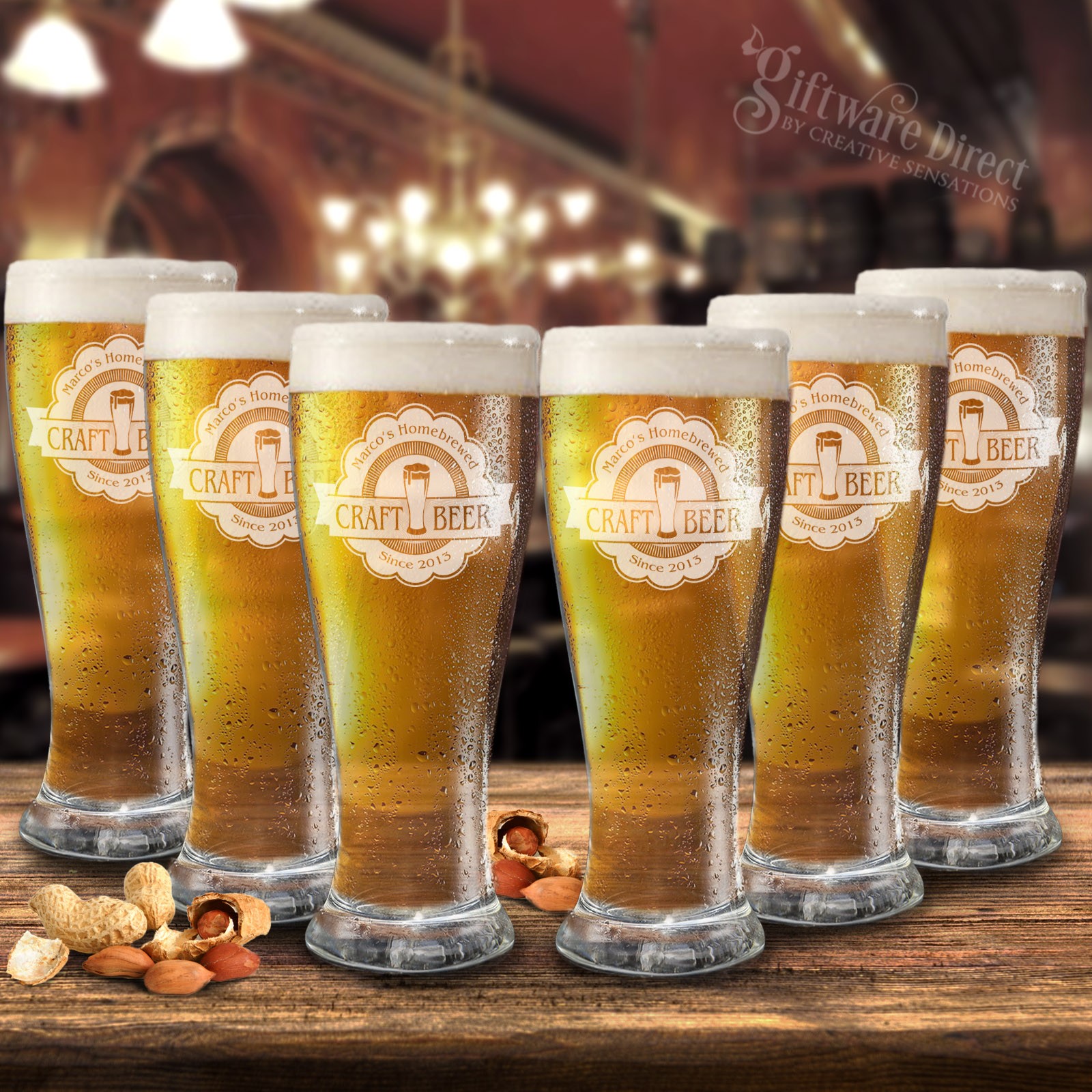 Barware Set of 6 Schooner Glasses Man Cave Bar Home Brew Designs Engraved beer