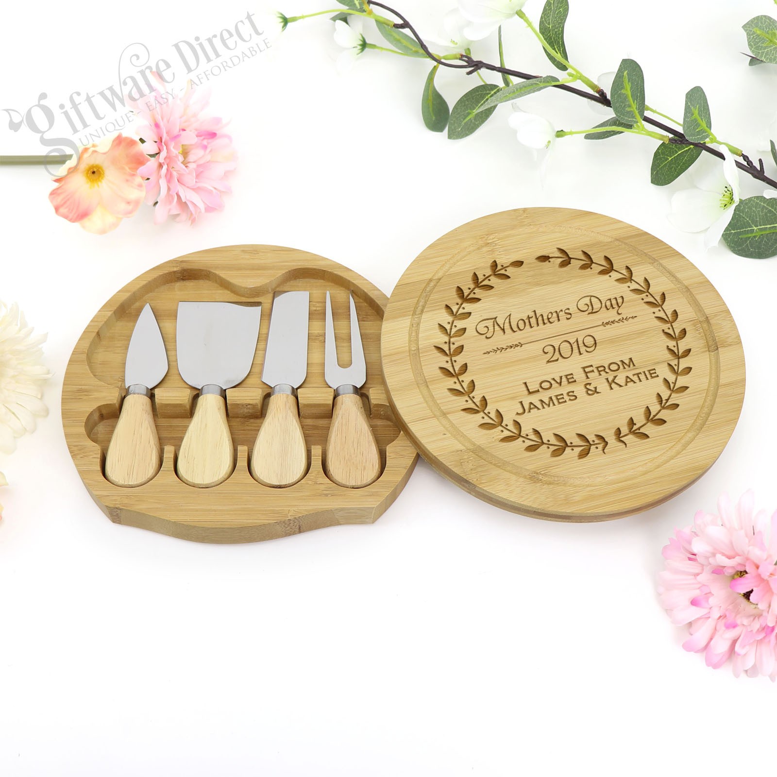 Unique Gifts Ideas Engraved Mothers Day Round Cheese Board with Three Utensils gift