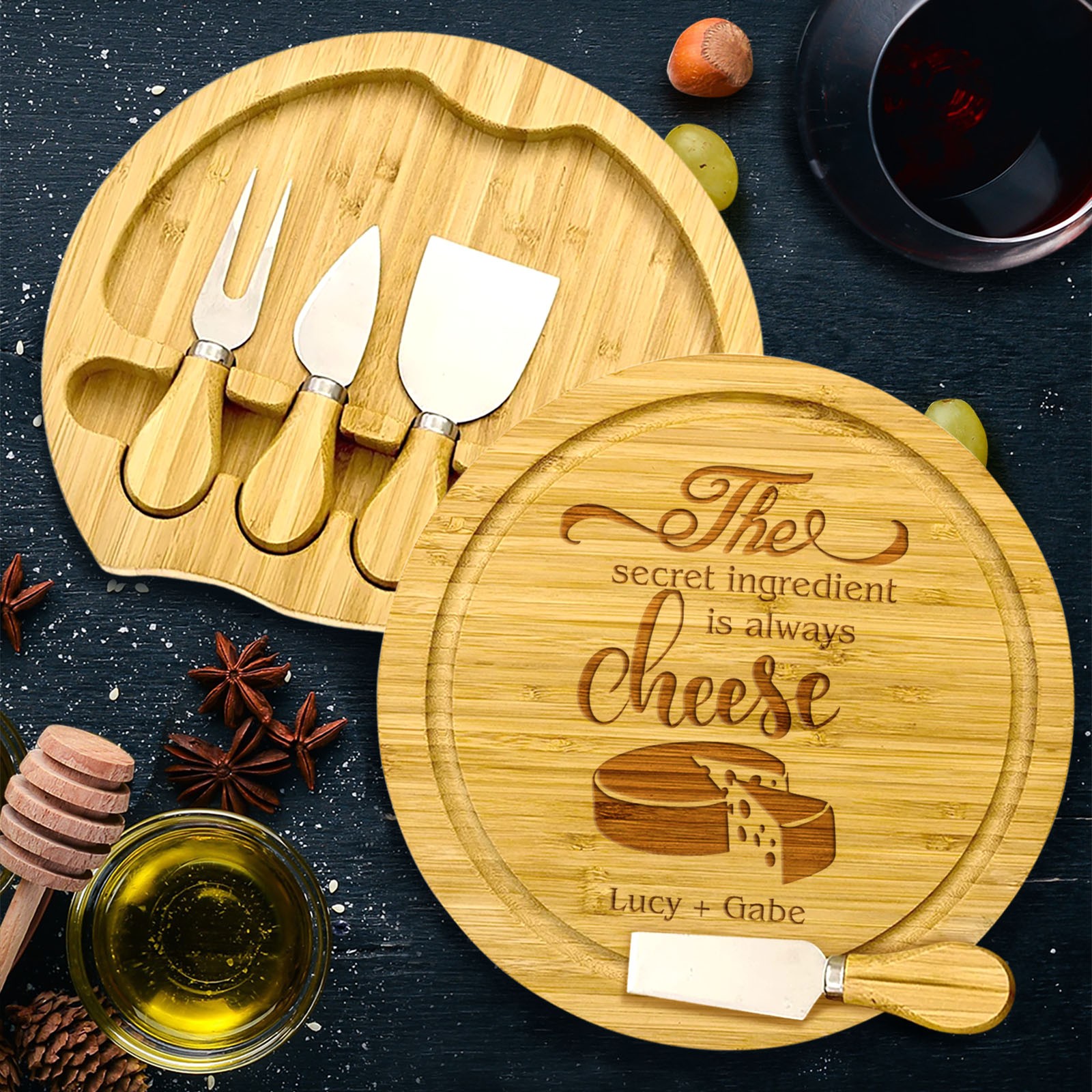 Personalised Gift Ideas Personalised Wooden Round Cheese Board Set with Utensils Bamboo rustic
