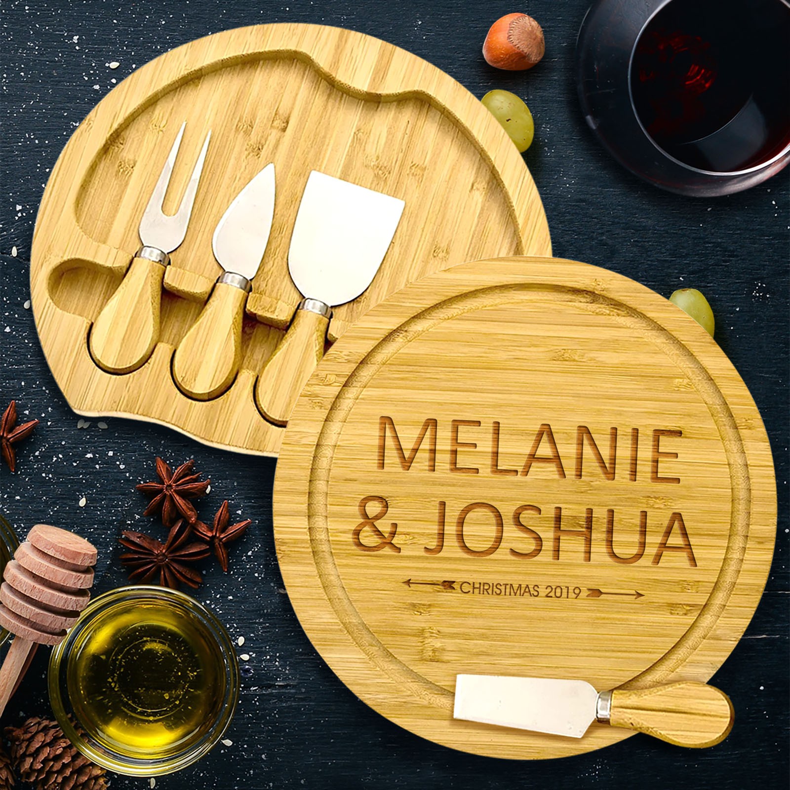 Personalised Gift Ideas Personalised Wooden Round Cheese Board Set with Utensils Bamboo rustic